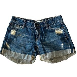 AEROPOSTALE distressed dark blue jean shorts folded trim women’s 00